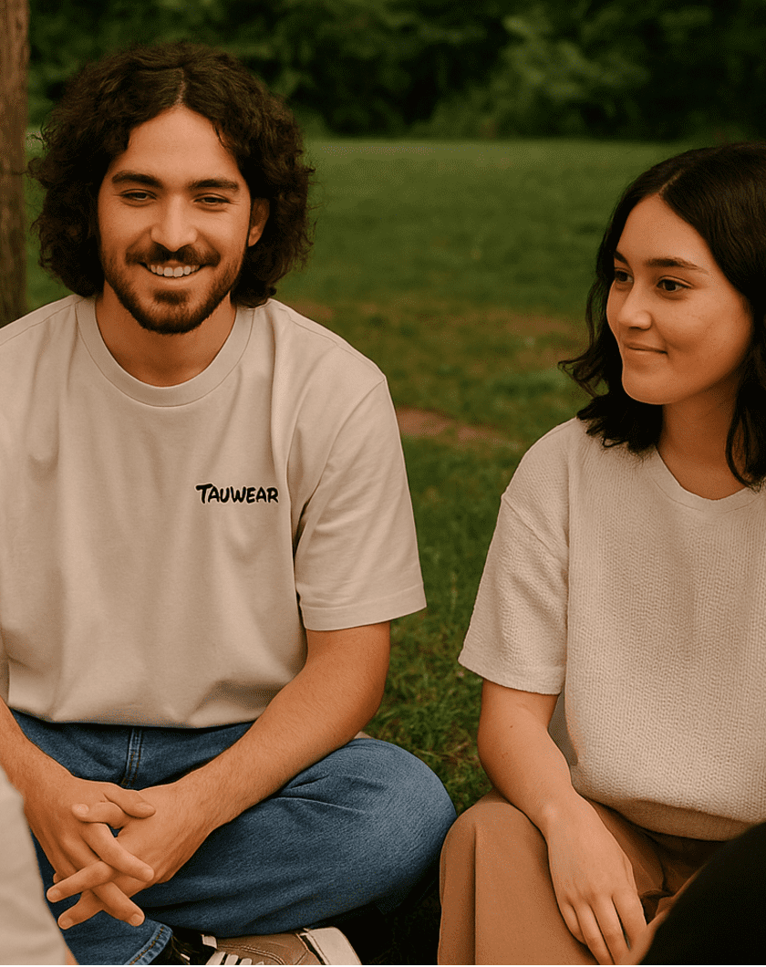 Sustainability That Matters Model wearing TAUWEAR in a natural setting showcasing sustainable fashion lifestyle