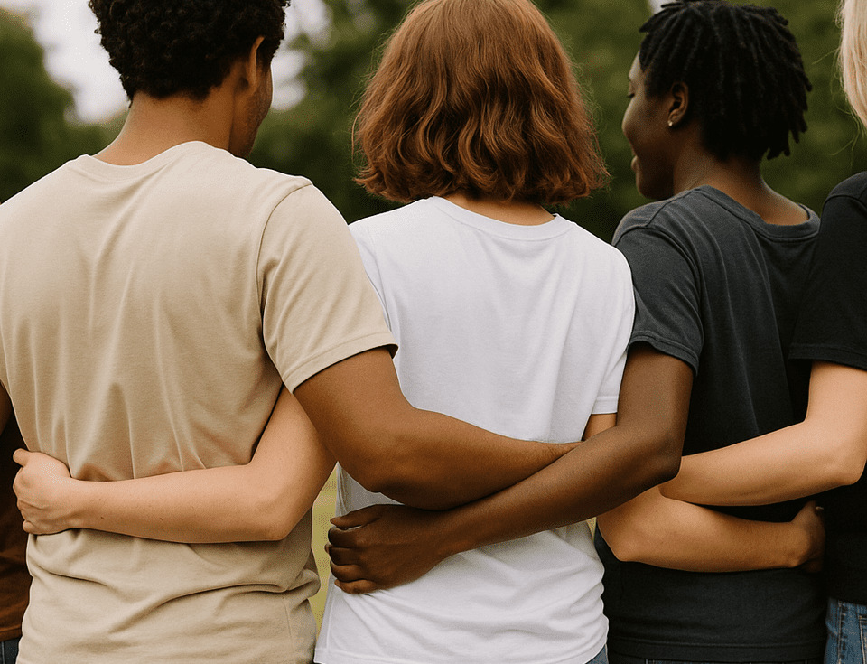 A diverse group of individuals confidently wearing modern apparel that represents sustainable fashion, showcasing the essence of the TAUWEAR brand.